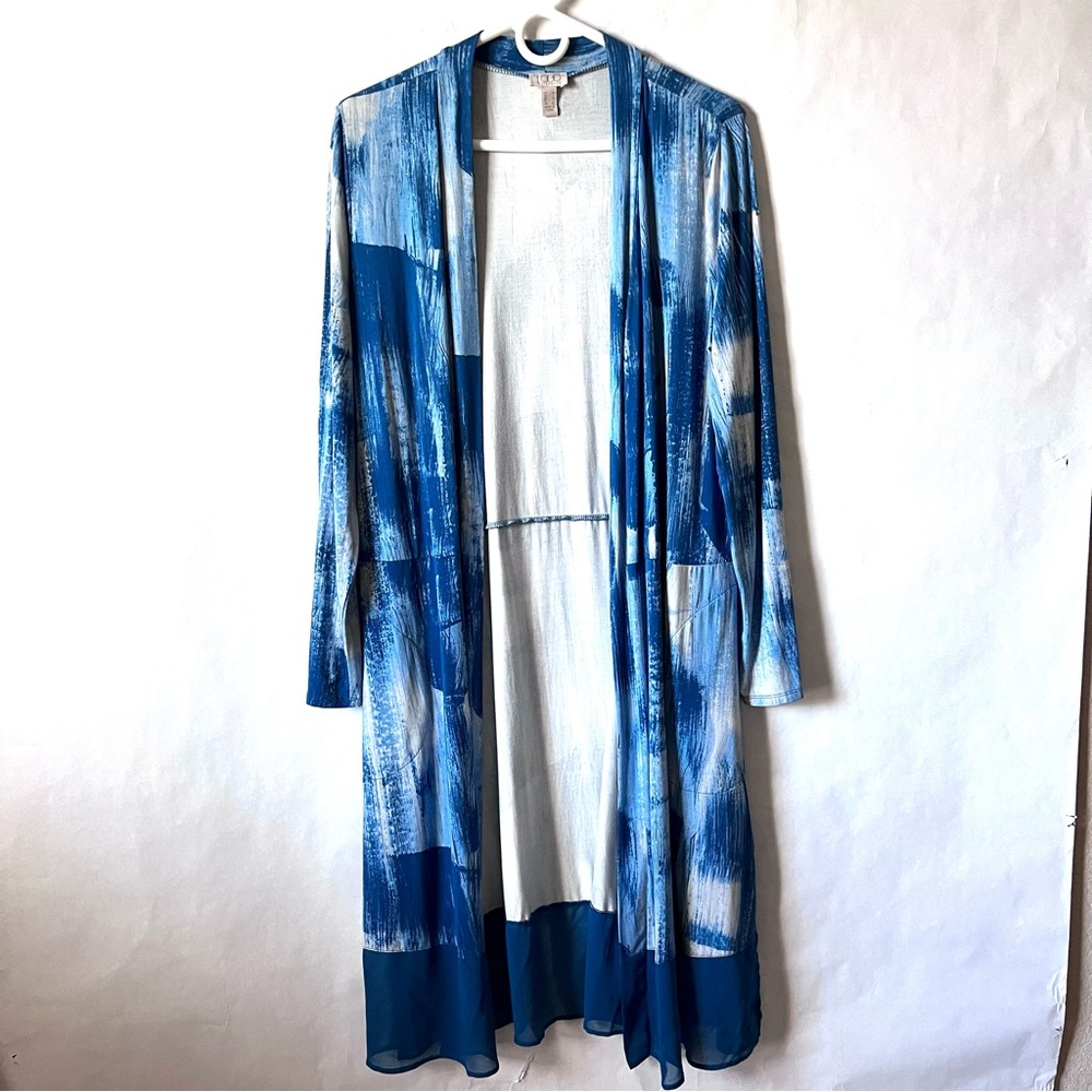 LOGO Lori Goldstein Womens Leticia Long Cardigan Open Front Size M Blue Abstract